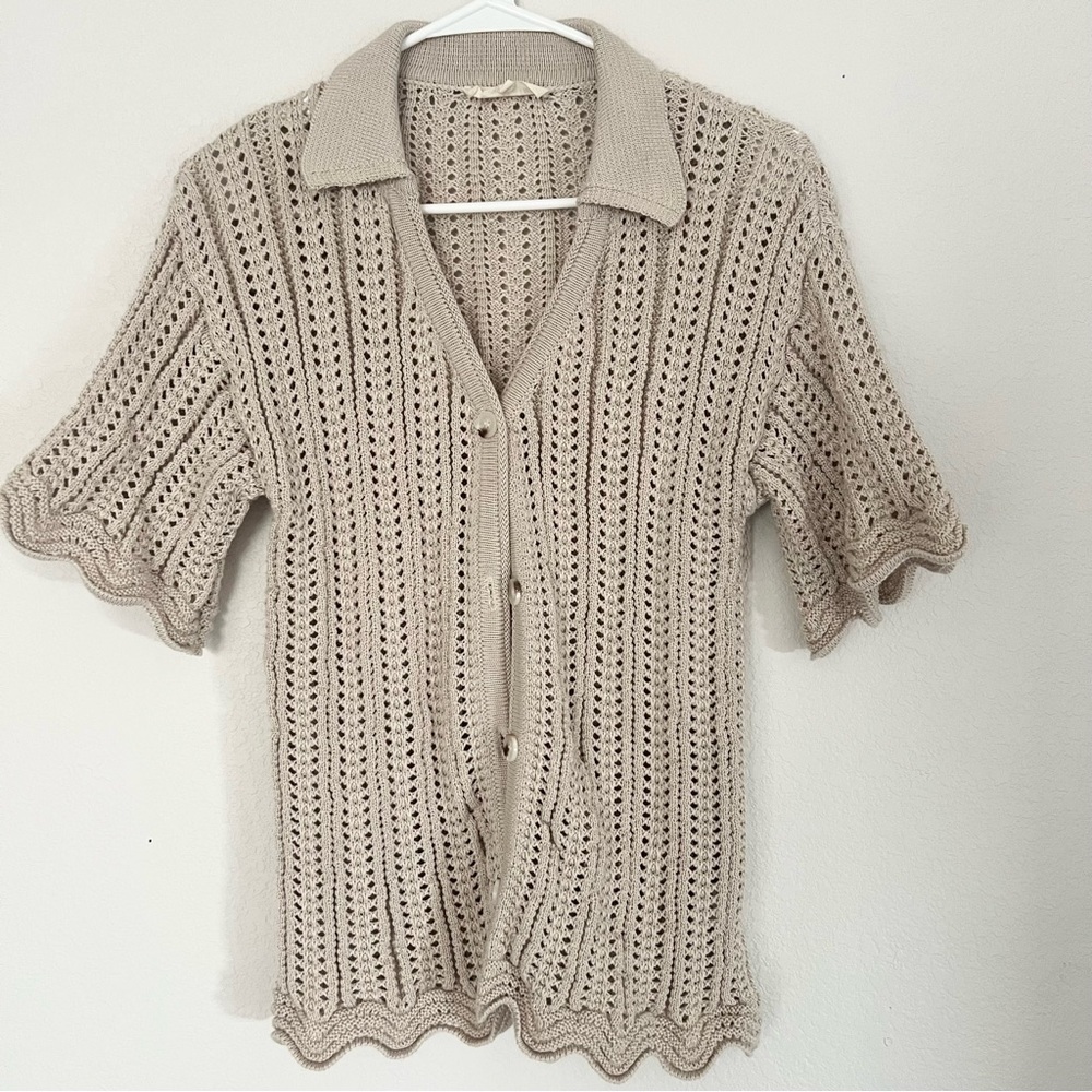 Solitaire Beige Open-Knit Short Sleeve Cardigan